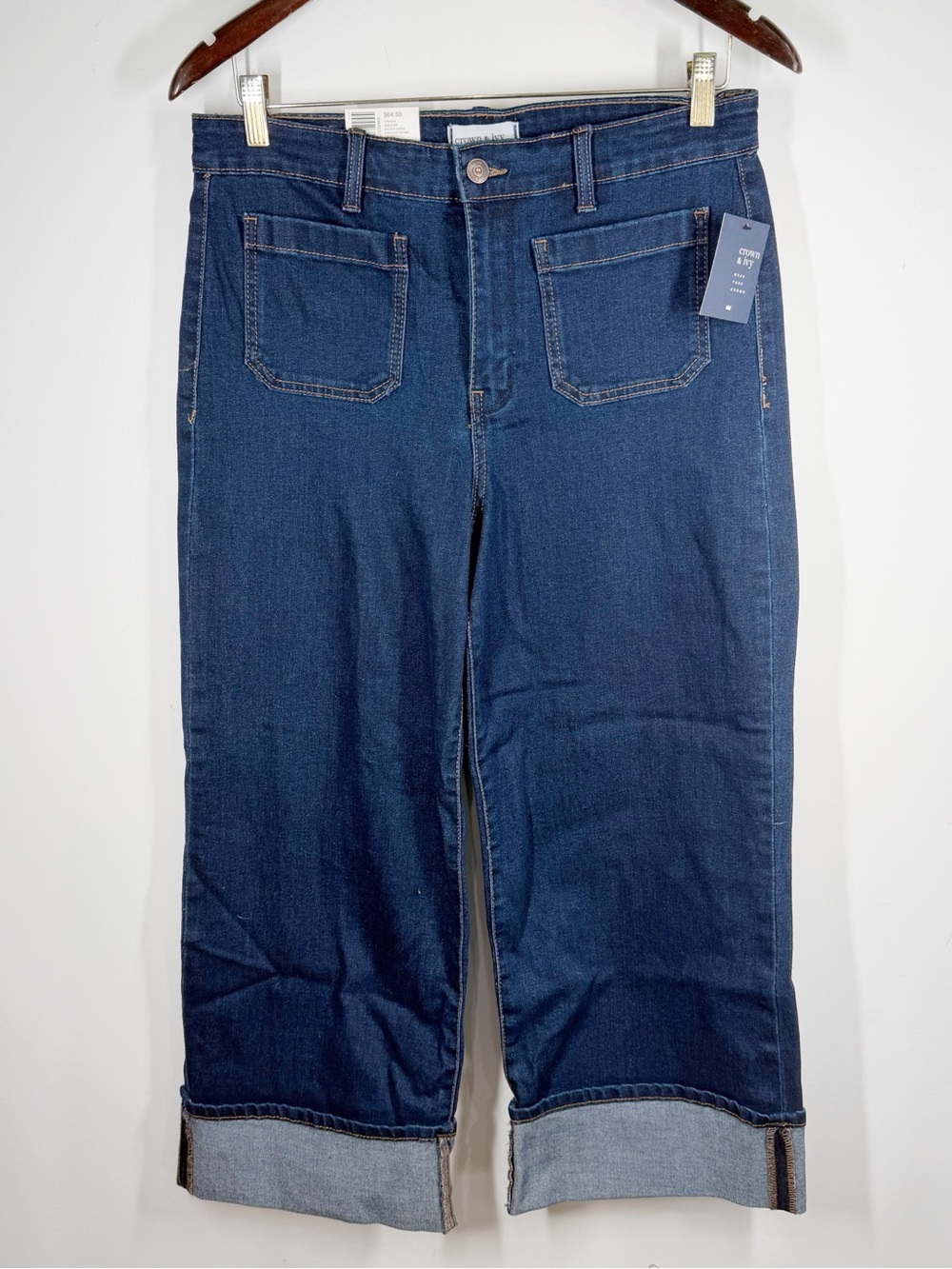 NWT Crown & Ivy Wide Leg Crop Jeans Size 10 Cuff Nicole Wash Patch Pocket - Picture 1 of 6